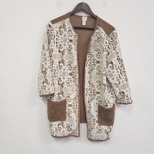 Chicos Womens Suede Open Cardigan Size XL 3 Brown White Floral Lace Pocket Soft